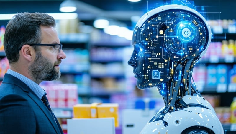 Illustration d'une intelligence artificielle facilitant la gestion des tâches pour un commerçant. Illustration d'une intelligence artificielle facilitant la gestion des tâches pour un commerçant.